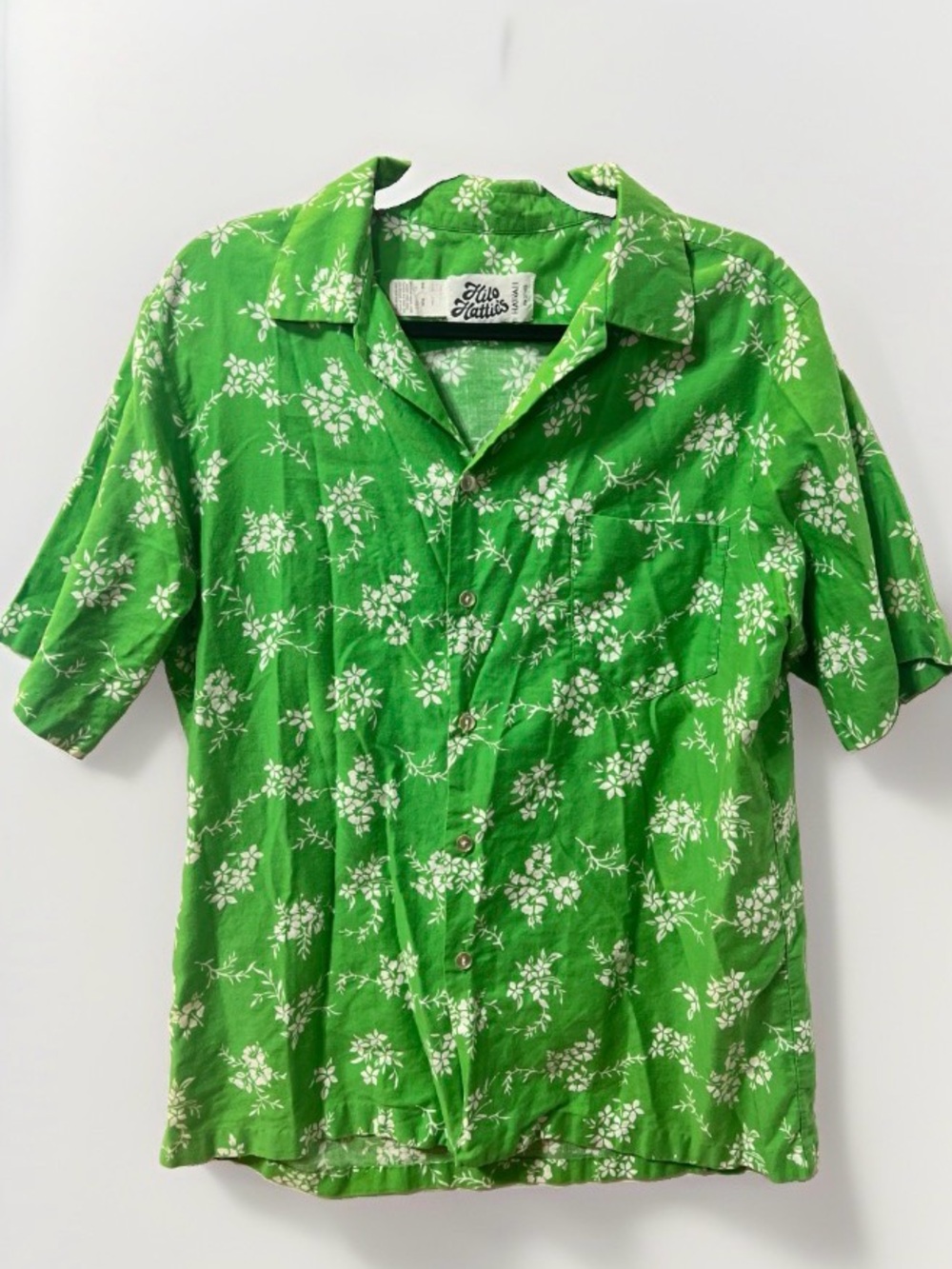 Vintage Hilo Hattie’s Hawaii Aloha Shirt XL‎ Green Floral Cotton Made in Hawaii